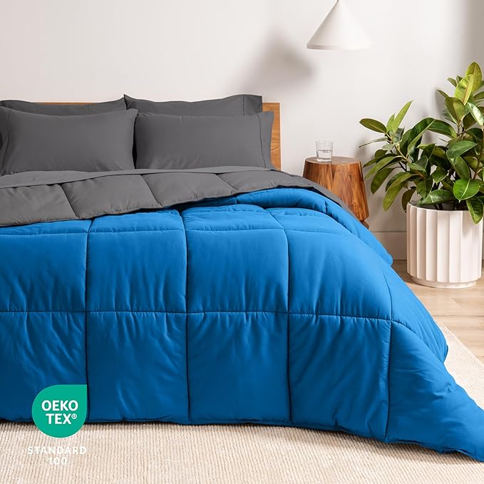 Bare Home Reversible Bed-in-A-Bag Comforter & Sheet Set - Twin - Down Alternative - Soft - Bedding Set (Twin, Medium Blue/Grey, Grey)