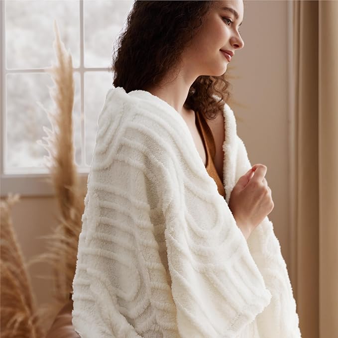 Bedsure GentleSoft Cozy Throw Blanket for Couch - Soft Boho Blankets for Women, Fuzzy Fleece Comfort Throw, Spring Boho Home Room Decor Aesthetic, Gifts for Women Teen Girl, Off White, 50x60 Inches