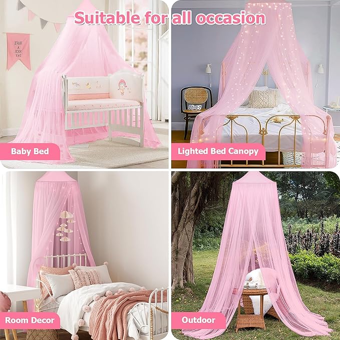 Bed Canopy with Lights, Bed Canopy for Girls Princess with Luminous Stars, Canopy Bed Curtains for Twin to King Size Bed, Baby Kids Adult Indoor Decor Bedroom Reading Nook Outdoor Camping, Pink