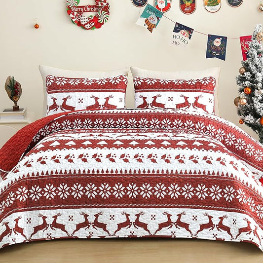 Exclusivo Mezcla Reversible Christmas Quilts Queen Size, Red Bedspread Lightweight Coverlet Winter Quilt Bedding Set with Printed Striped Reindeer Snowflakes Pattern (1 Quilt, 2 Pillow Shams)