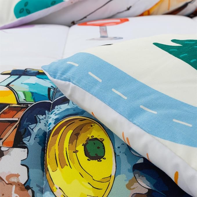 Holawakaka Trucks Tractors Cars Boy Bedding Comforter Set with Sheets, Twin Size Cartoon Construction Car Excavator Print Kids Bed in A Bag 5-Piece, Boys Reversible Dorm Bed Sets (Multi Twin)