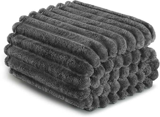 Exclusivo Mezcla Queen Size Flannel Fleece Blanket, Super Soft Striped Jacquard Bed Blanket, Lightweight Fuzzy Cozy for All Seasons, 90x90 Inches, Dark Grey