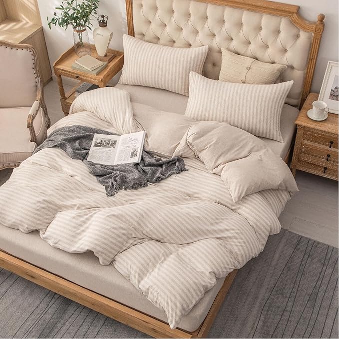 PURE ERA Jersey Knit Duvet Cover Set 100% T-Shirt Heather Cotton Super Soft Comfy Classic Striped Design, with Zipper Closure, Heather Beige Stripe, Queen