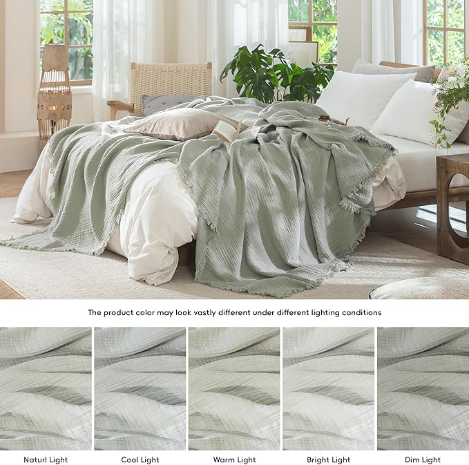 MooMee Muslin Blanket - 100% Cotton 4-Layer Gauze Throw Blanket with All-Around Fringe Ultra-Soft Breathable Lightweight Cooling for Bed Couch (Sage Green,Twin XL 66" x 90")