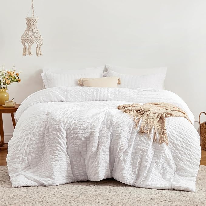 Love's cabin Seersucker White Twin XL Comforter Set, 5-Piece All Season Lightweight Bed in a Bag Bedding Set with Comforter, Flat Sheet, Fitted Sheet, Pillowcase and Sham | Soft, Breathable, Lightweight