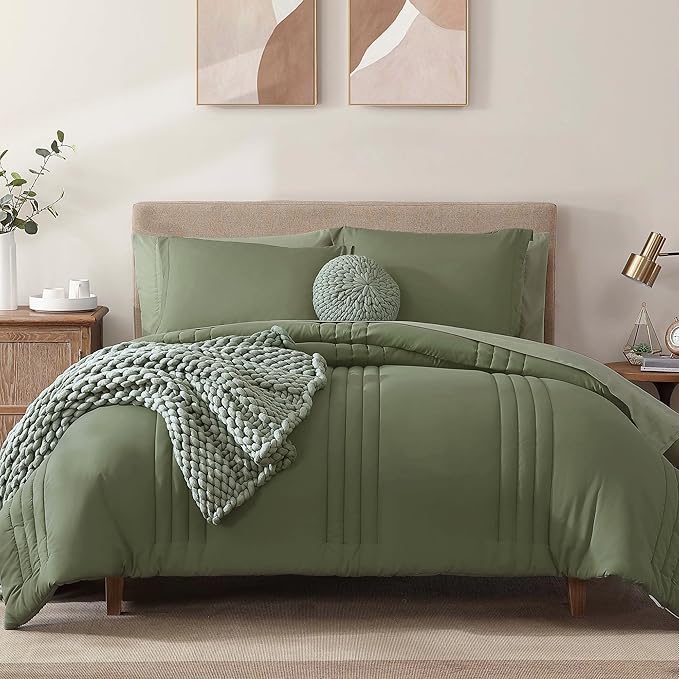 Monbix Queen Comforter Set - 7 Pieces Light Sage Green Bed in a Bag Queen Bedding Sets with Comforters, All Seasons Comforter Bed Set with Sheets, Pillowcases & Shams