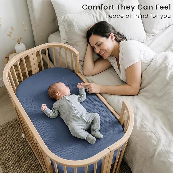 Konssy 2 Pack Muslin Bassinet Sheets for Boys, Girls, 100% Cotton Soft Breathable Fitted Bassinet Mattress Sheet, 33 x 21 inches (Navy,Cream)