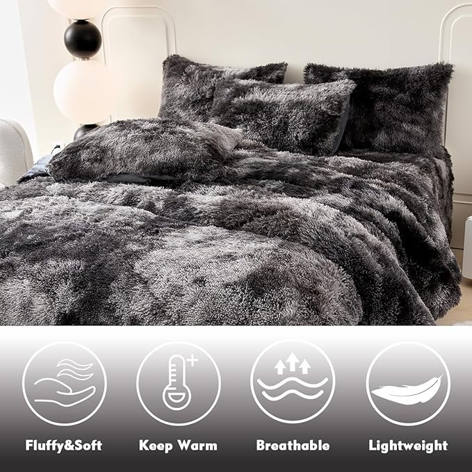 PERFEMET 3 Pcs Dark Grey Fluffy Faux Fur Comforter Full Size Plush Shaggy Tie Dye Bedding Sets Ultra Soft Long Hair Flannel Fuzzy Comforter for Kids Teens(Dark Grey, Full)