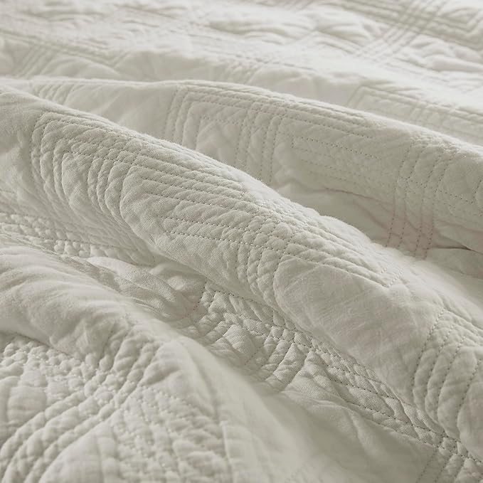 WDCOZY 100% Cotton Queen Size Quilt Set - Beige Pre-Washed Soft Lightweight Modern Bedspread, Farmhouse Country Rustic Coverlet, Textured Like Linen, Shabby Chic Gauze Bedding, 3 Pieces