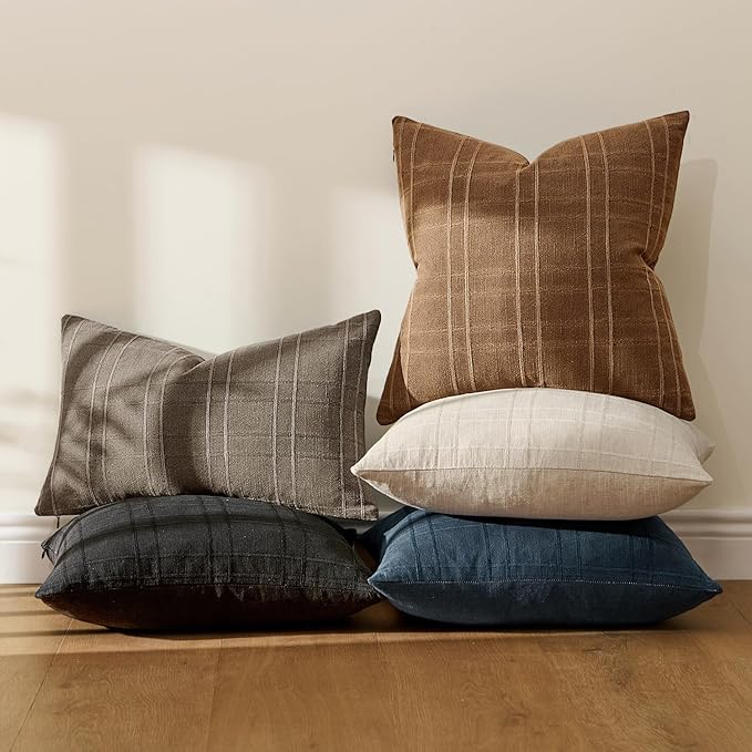 MIULEE Decorative Linen Check Throw Pillow Covers Neutral Farmhouse Vintage Pillow Covers 20x20 Set of 2 Boho Modern Winter Home Decor for Sofa Couch Bedroom Cushion Camel Brown