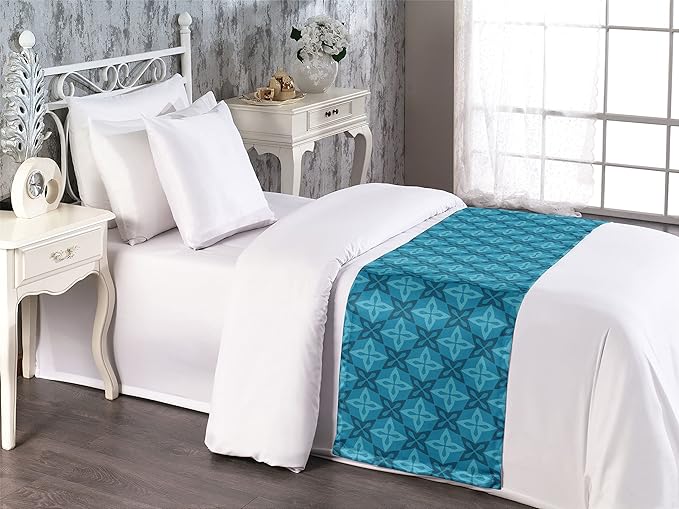 Lunarable Flower Bed Runner, Moroccan Flowers Design Geometric Blossoming Petal Pattern, Decorative Accent Bedding Scarf for Hotels Homes and Guestrooms, Twin, Ocean Blue