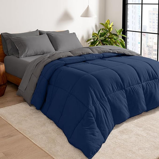 Bare Home Reversible Bed-in-A-Bag Comforter & Sheet Set - Split Head Flex King - Down Alternative - Soft - Bedding Set (Split Head Flex King, Dark Blue/Grey, Grey)
