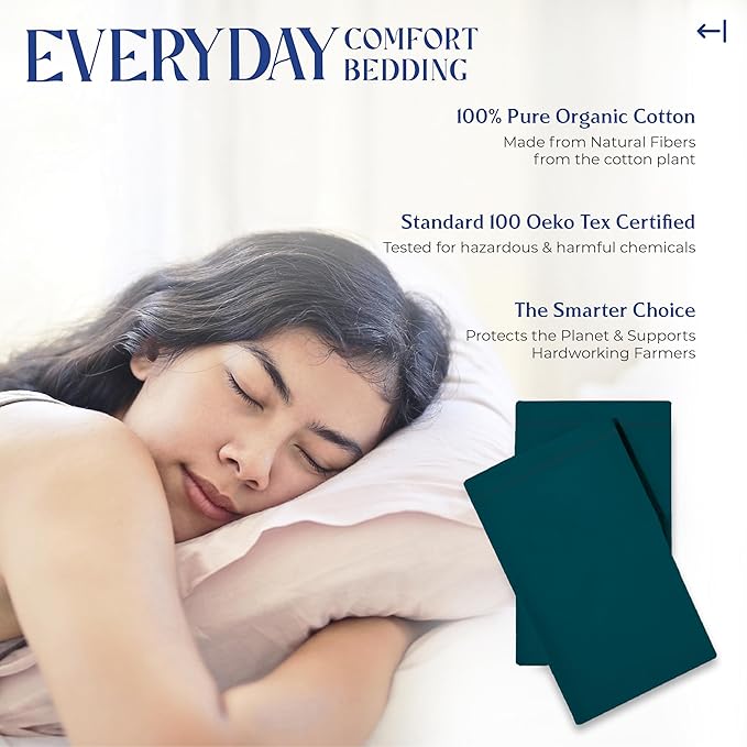 Mayfair Linen 100% Organic Cotton Queen Size Pillow Cases Set of 2 - Ultra Soft Hotel Quality Queen Pillow Covers, Authentic GOTS Certified, Crisp, Cooling Percale Weave Cotton Pillowcases - Teal
