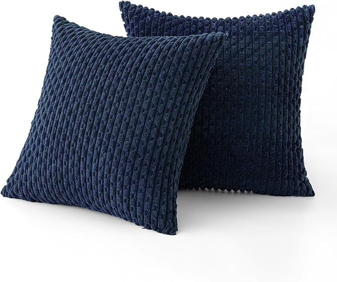 MIULEE Pack of 2 Decorative Throw Pillow Covers 16x16 Inch Soft Boho Striped Textured Corduroy Pillow Covers Modern Farmhouse Home Decor for Couch Bed Sofa Living Room Navy Blue