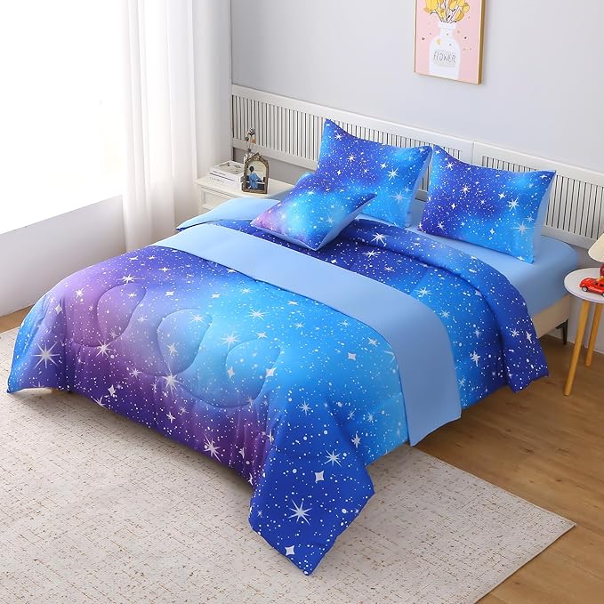 JQinHome Queen Ombre Blue Comforter Set, 6 Piece Bed in A Bag 3D Colorful Bedding Sets for Teen Girls (1 Comforter,2 Pillowcases,1 Flat Sheet,1 Fitted Sheet,1 Cushion Cover)(Star Blue)