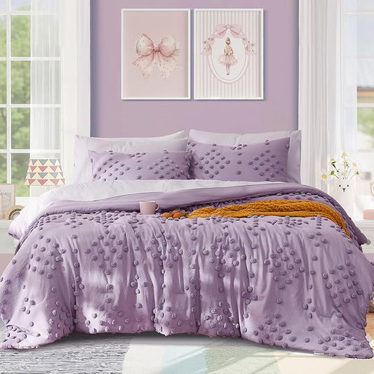 Geniospin Purple Queen Comforter Set for Girls- 7 Pieces Pom Tufted Bed in A Bag Queen Bedding Sets with Sheets, Pillowcases & Shams, All Season Kids Comforter Set