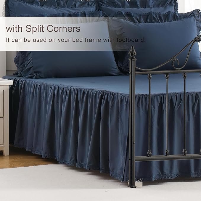 Queen Size 14 inch Drop Navy Blue Dust Ruffle, 100% Lightweight Cotton Ruffled Bed Skirt, French Coutry Style, Lace Ruffled Bed Skirt with Split Corners