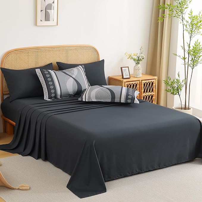 Anibeddin Grey Comforter Set King Size,8 Pieces Boho Bed in a Bag Patchwork Striped Comforter Set, Soft Microfiber Bedding Set for All Season(104"×90")