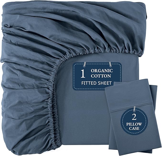 LANE LINEN Twin XL Fitted Sheet, 100% Organic Cotton 2-Piece Set (1 Fitted Sheet, 1 Pillowcase), Percale Weave, Bottom Sheet, Soft, Breathable, Fits Mattress Upto 15" Deep - Navy (No Flat Sheet)