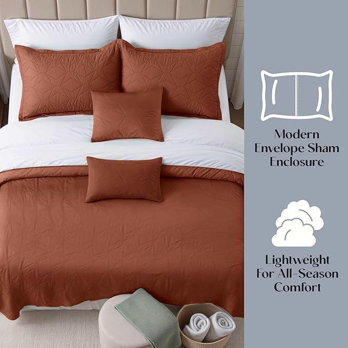 Hearth & Harbor King Quilt Set – All-Season Lightweight Bedspread & Coverlet with Pinsonic Weave - 7 Piece King Quilt Set with Pillow Shams, Mocha - King Ellipse