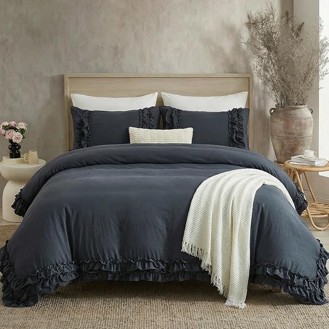 Bedorm Navy Ruffle Duvet Cover Vintage Queen Bedding Set Navy Blue Lace Fringe Ruffled Bedroom Decor Shabby Chic Boho Comforter Cover with Pillowcases