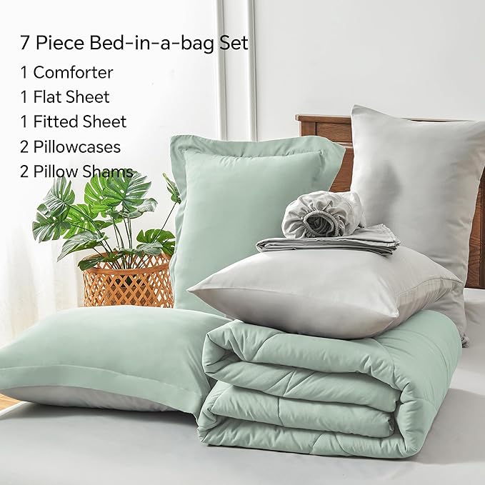 BEDELITE California King Size Comforter Set 7 Pieces Bed in A Bag - Soft Microfiber Reversible Cal King Sage Green Bed Set with Comforters,Sheets,Pillowcases & Shams,Cozy Bedding Sets for All Season