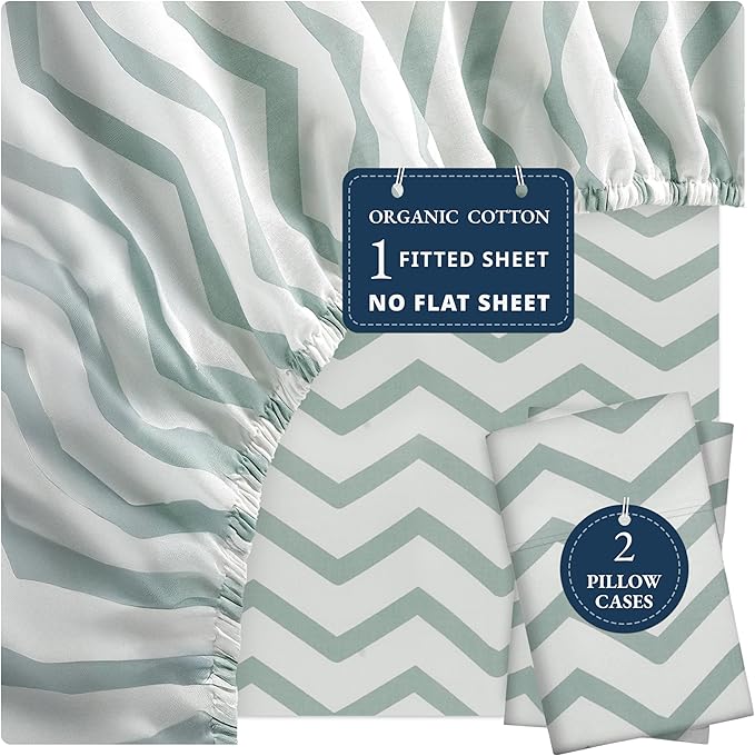 LANE LINEN Fitted Sheet Full Size, 100% Organic Cotton, 3 Piece Set (1 Fitted Sheet, 2 Pillowcases), Percale Weave, Ultra Soft, Breathable, Fits Mattress Upto 15"- Chevron(No Flat Sheet)