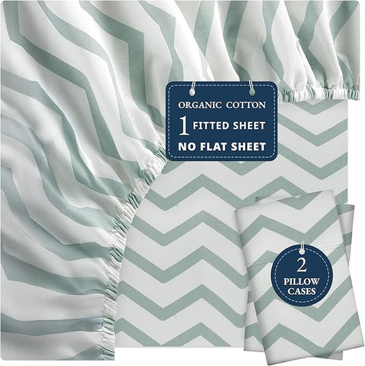 LANE LINEN Mercerized 100% Organic Cotton Queen Size Fitted Sheet only (+Pillowcases), Percale Weave, Soft & Breathable Fully Elasticized Reinforsed Seam Printed Fitted Sheet -Chevron (No Flat Sheet)