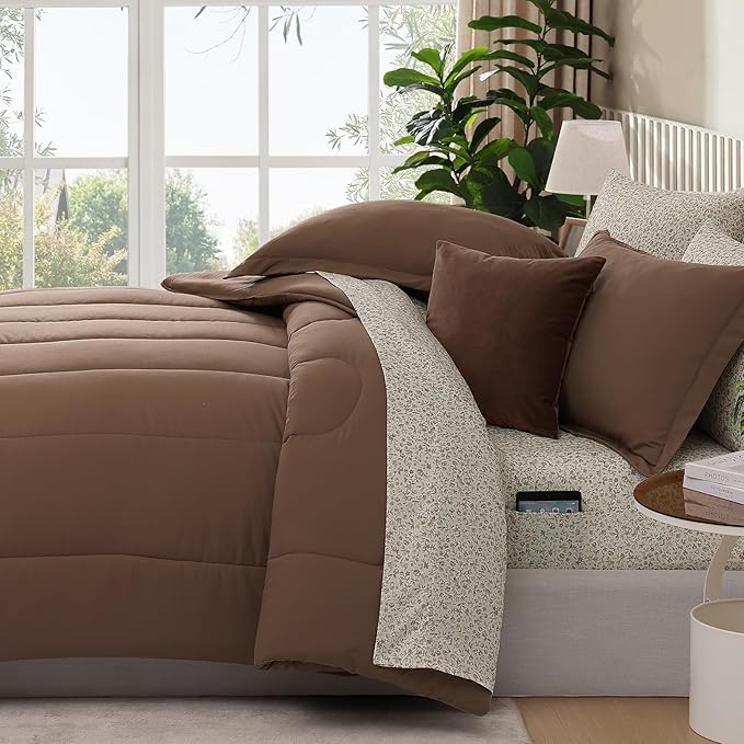 Monbix Queen Comforter Set - 7 Pieces Brown Bed in a Bag Queen Track Stitching Bedding Sets, All Seasons Comforter Bed Set with Sheets,Pillowcases & Shams