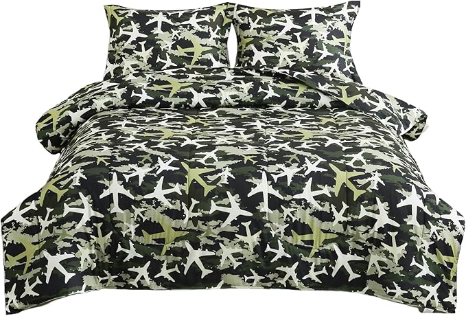 Yibeizi Airplane Comforter Set for Boys Full Size, Kids Green Camouflage Printed Bedding Set with Pillow Sham, Cute Lightweight Soft Breathable Machine Washable Quilted Bed Comforter Set 3 Piece
