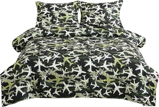 Yibeizi Airplane Comforter Set for Boys Full Size, Kids Green Camouflage Printed Bedding Set with Pillow Sham, Cute Lightweight Soft Breathable Machine Washable Quilted Bed Comforter Set 3 Piece