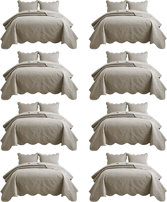 IR Imperial Rooms 8 Pack Quilt King Size Bedding (106" x 96") - Bulk Wholesale for Hotels, Guest Bedroom & Airbnbs - Lightweight Microfiber Reversible Floral Embossed Quilts Bedspreads (Beige)
