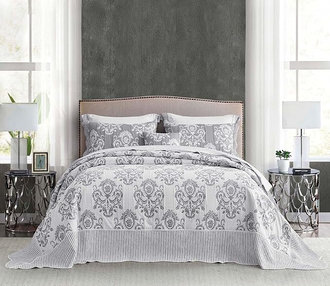 HZ & HY Oversized King Bedspread 128x120 Extra Wide, Jacquard Matelasse Damask Pattern Design, Lightweight, Reversible, 5 Piece, 100% Microfiber, Grey