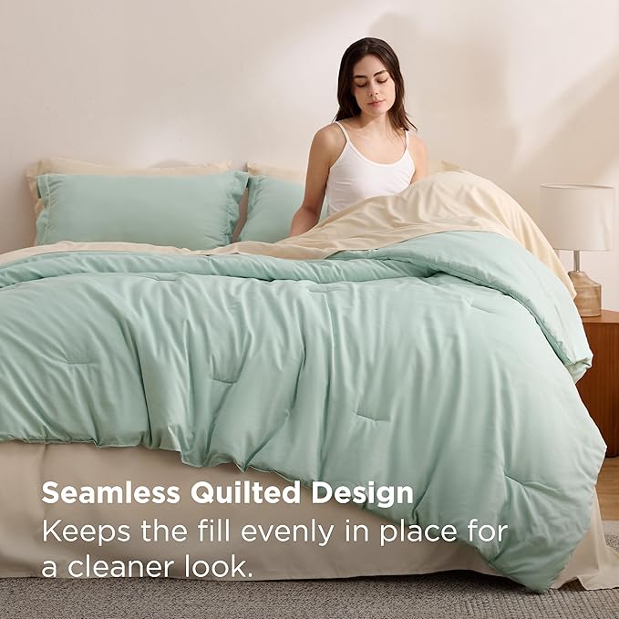 Bedsure King Size Comforter Set Sage Green, 7 Pieces Lightweight King Bedding Sets Boho, Bed in a Bag with Comforter, Sheets, Pillowcases & Shams, Contrasting Design