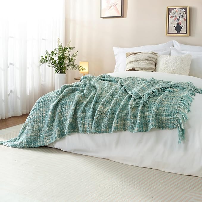 Multi-Color Turquoise Cable Knitted Throw Blanket for Couch,50"X60" Boho Style Textured Blankets for Home Decor,Super Soft Warm Cozy Chunky Knit Blanket with Decorative Tassels for Bed