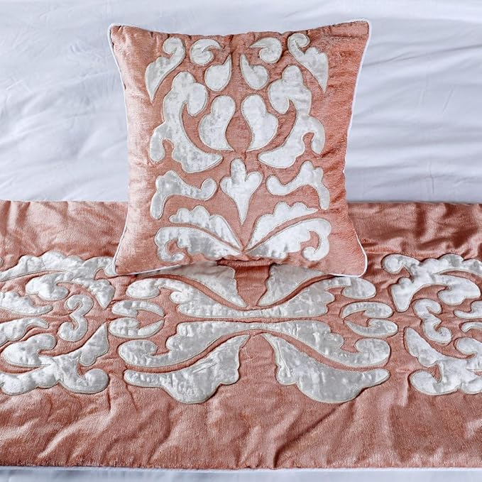 The HomeCentric Decorative Peach & Ivory Full 68 x 18 inch Bed Runner Without Pillow Cover, Velvet Applique Bed Scarf, Abstract Modern - Peach Elegance