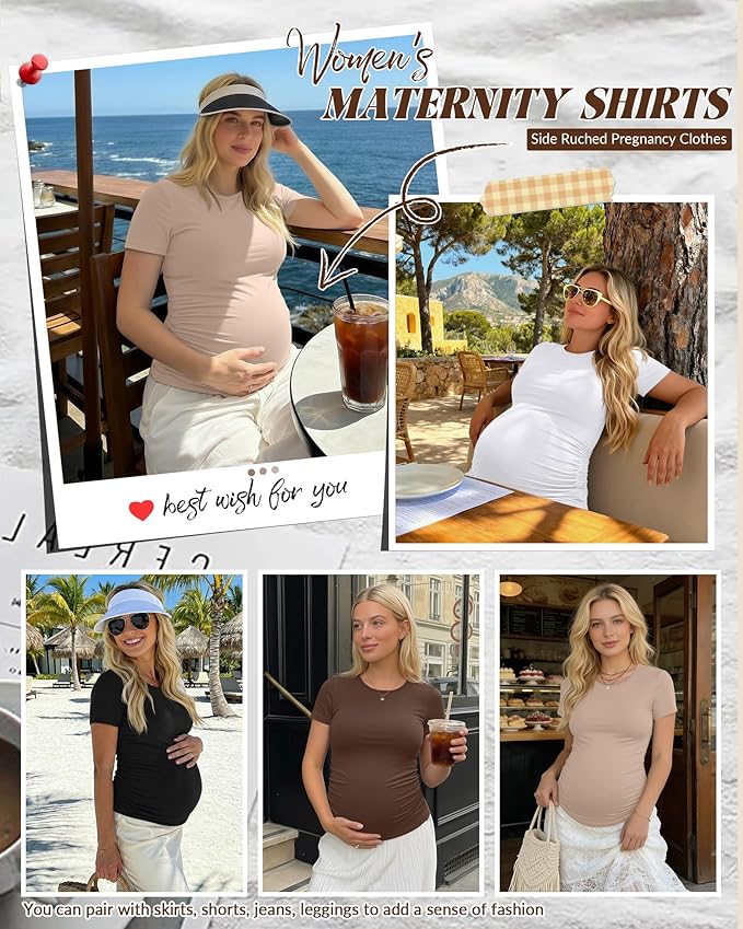 Huukeay 4 Pack Women's Maternity Shirts, Crew Neck Maternity Top Short Sleeve Casual Cotton Tee Side Ruched Pregnancy Clothes
