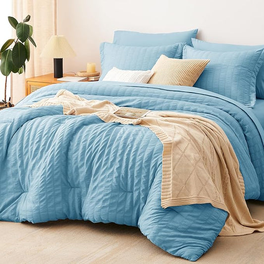 CozyLux Full Size Comforter Sets with Sheets Seersucker 7 Pieces Sky Blue Bed in a Bag Textured Luxury Soft Bedding Set with Down Alternative Comforter, Sheets, Pillowcases & Shams for All Seasons