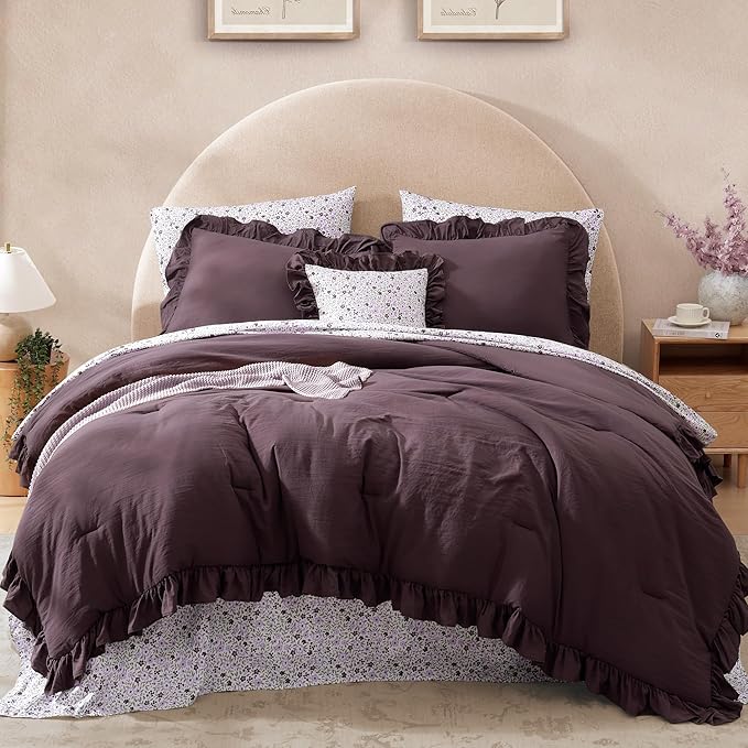 Oversized King Comforter Set - 7 Pieces Ruffle Dark Purple Bedding Sets, Shabby Chic Farmhouse Bed in a Bag with Ruffle Comforter, Floral Sheets, Pillowcases & Shams