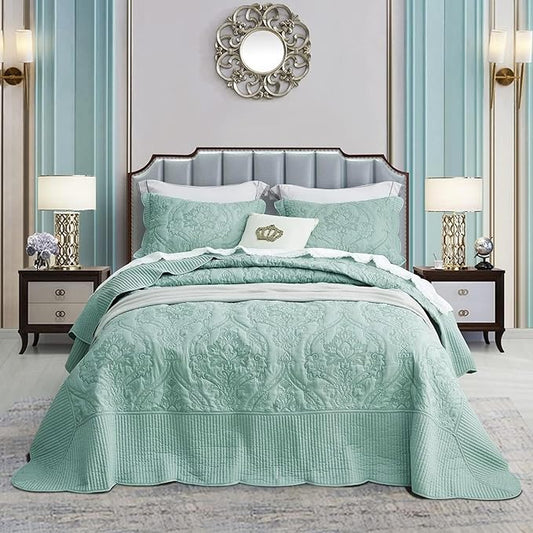 CHIXIN Bedspread Coverlet Quilt Set Full Size - Lightweight Bedding Cover - Beautiful Stitching - 5 Piece Reversible Bedspread - Gorgeous Damask Paisley Pattern (Full, Seaglass)