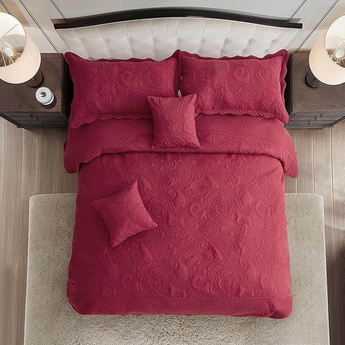 Oversized King Bedspread 138x122 Extra Wide, Paisley Pattern Design, Lightweight Bedding Cover, Reversible, 5 Piece, 100% Microfiber, California/Alaskan King, Wine Red