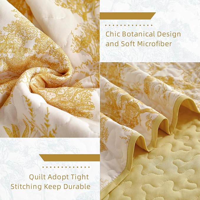 WONGS BEDDING Botanical Quilt Set Queen Size, Yellow 3 Pieces Toile Floral Plants Printed Bedspread Bedding Set Soft Lightweight Microfiber Coverlet Set for All Season (96"x90")