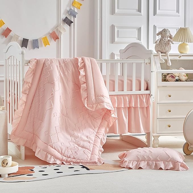 AIKASY The Ruffled Shabby Crib Bedding Set for Girls, Baby Quilted Comforter with Fitted Sheet, Bed Skirt, and Pillowcase（Coral Pink）