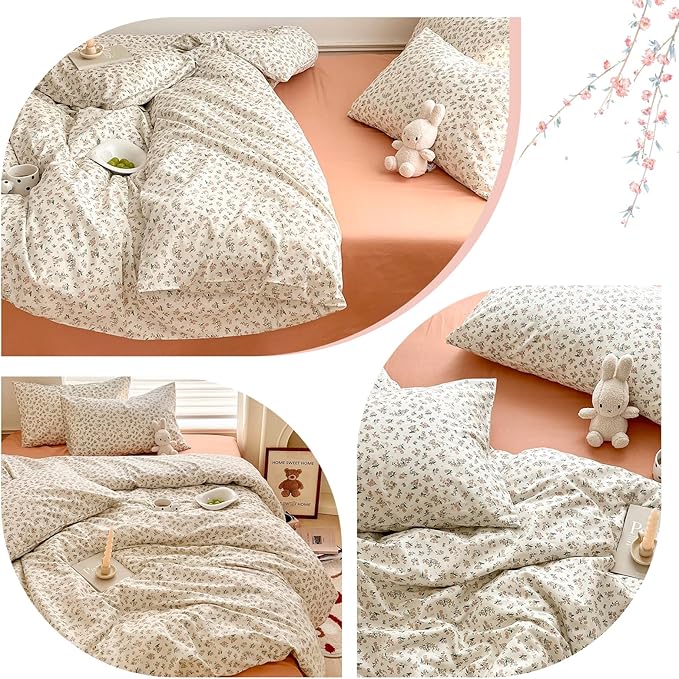 HighBuy Boho Cotton Floral Duvet Cover Twin White Coquette Bedding Comforter Quilt Duvet Covers with Pink Floral,Garden Floral Bedding Set Twin Lightweight Soft Cottagecore Duvet Cover Sets Cute