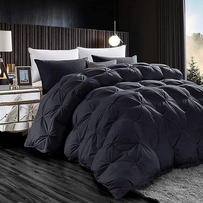 Luxurious All-Season Goose Down Feather Fiber Comforter California King Size Duvet Insert, Exquisite Pinch Pleat Design, Premium Baffle Box, 100% Egyptian Cotton Cover, 80 oz. Fill Weight, Black