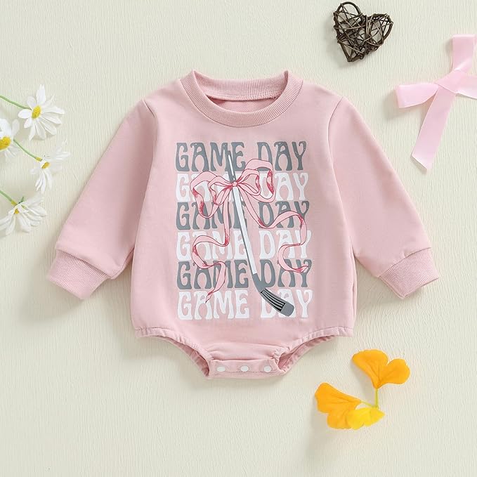 Newborn Infant Baby Girl Game Day Outfit Bows Hockey Onesie One Piece Long Sleeve Romper Winter Clothes