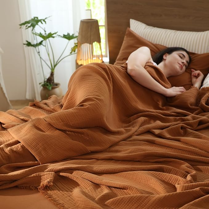 MooMee Muslin Blanket - 100% Cotton 4-Layer Gauze Throw Blanket with All-Around Fringe, Ultra-Soft Breathable Lightweight Cooling Decorative for Bed, Sofa & Couch (Drak Orange,Throw XL 50" x 70")