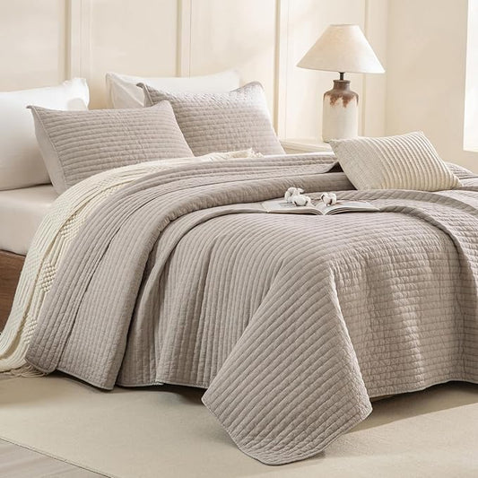 CozyTide King Size Quilt(110"x98"),Stone-Washed Cotton Linen Colored King Bedspread 3Pcs All Season Lightweight Ultra Soft Reversible King Quilt Bedding Coverlet Set