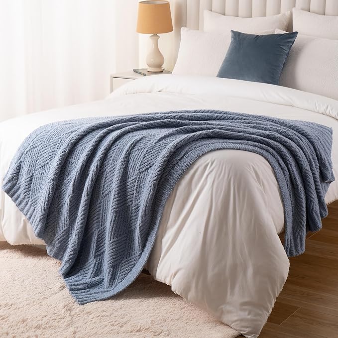 Battilo Bluish Grey Diamond Knit Throw Blanket for Couch and Bed, Soft Textured Chenille Blanket, Cozy Lightweight Decorative Blanket for Sofa, 50"x60"
