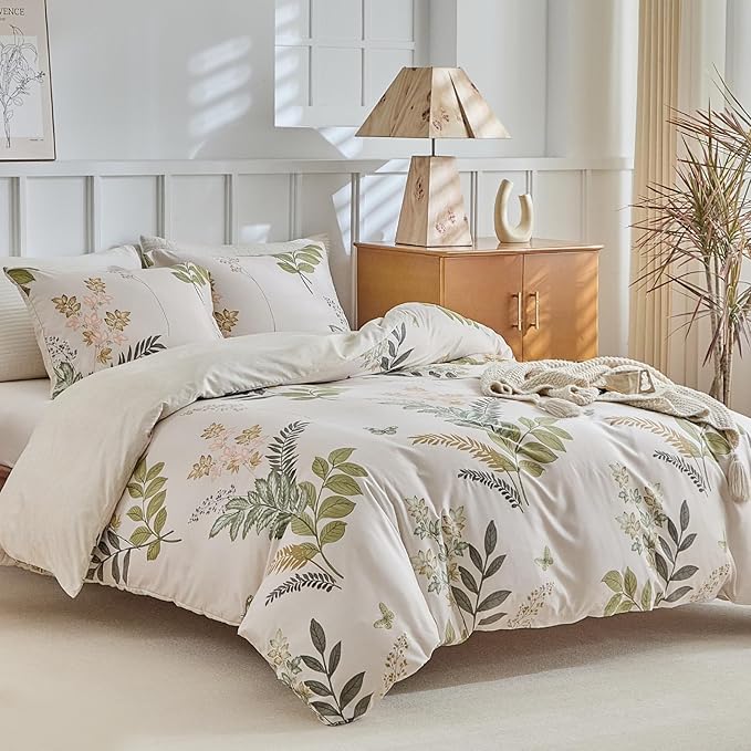 Lekesky Queen Size Reversible Duvet Cover, Duvet Cover Queen Size 3 Piece Green Leaf Microfiber Botanical Bedding Set with Zipper Closure Corner Ties